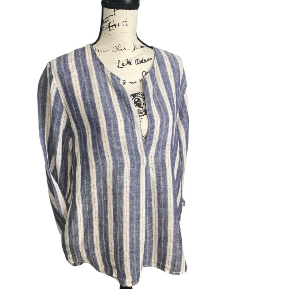 CP Shades Linen Tunic Medium Blue White Stripe High-Low 3/4 Sleeve